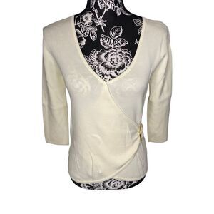 Cream Ribbed Faux Wrap Sweater Gold Ring Detail Stretch Knit Top Boho Formal